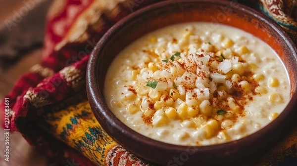 Obraz A bowl of mote pillo, a traditional Ecuadorian dish with hominy corn, milk, cheese, onions, and achiote