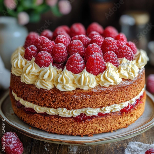 Fototapeta A delicious assortment of cakes and desserts with berries, including chocolate cake, cheesecake, and berry tarts, all served on white plates, showcasing fresh strawberries, raspberries, and other berr