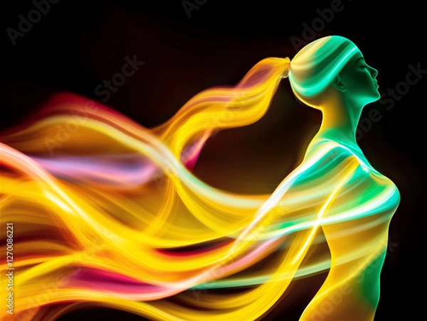Fototapeta Abstract digital artwork of a glowing human silhouette with multicolored flowing energy ribbons, representing creativity and imagination.