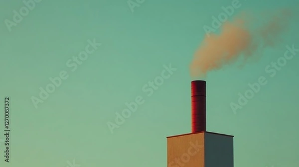 Fototapeta Red industrial chimney emitting smoke against a teal sky.  Environmental pollution concept