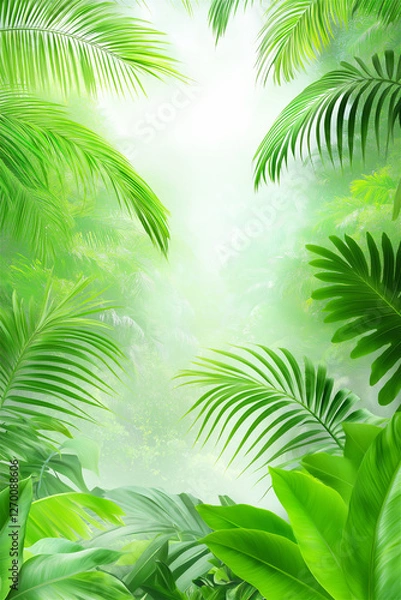 Fototapeta A lush green tropical jungle with vibrant palm leaves and a bright sunny sky, creating a vibrant, exotic atmosphere that invites exploration into the wild.