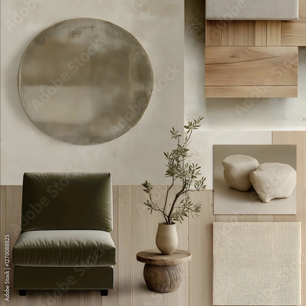 Obraz a digital mood board showcasing a serene and minimalist interior design featuring closeup swatches of light oak wood flooring dark oak wood samples and offwhite lime