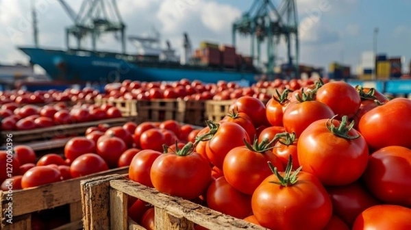Obraz Fresh Tomatoes Loaded In Crates At The Harbor Ready To Be Shipped Globally. Farm To Table Freshness.