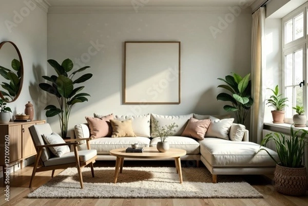 Fototapeta Neutral palette living room, vintage furniture, layered textiles, abundant plants , warm, books