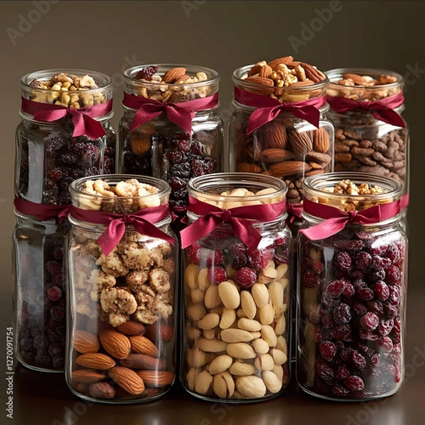 Obraz Generate very realistic and modern photography for the topic Arrange several glass jars filled with layers of nuts cranberries dried fruits and small cookies Tie each ja