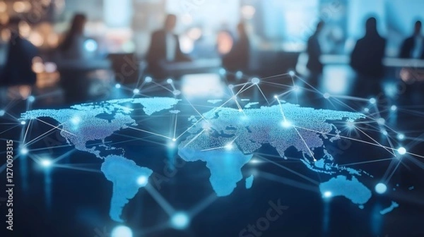 Fototapeta Global network map illustrating interconnected nodes representing data exchange among diverse regions worldwide