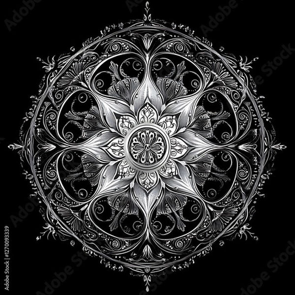 Obraz Ornate circular design, intricate patterns, silver-gray tones. Possible use wall art, graphic design element