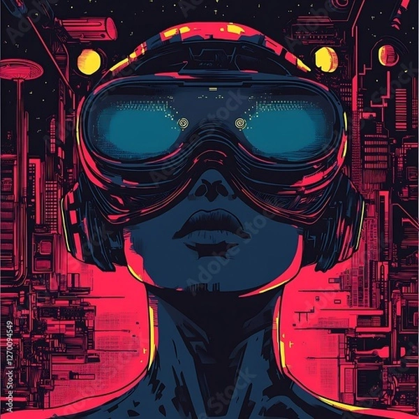 Fototapeta Futuristic woman VR headset city background