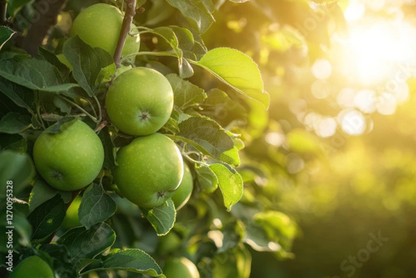 Fototapeta A Fresh green apples on tree with morning light shining through leaves, creating serene atmosphere