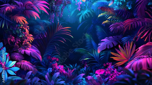 Fototapeta The neon tropical jungle is a vibrant and electric landscape, alive with neon colored foliage, glowing flowers. Lush Neon Rainforests. Illustration