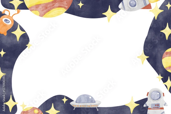 Obraz Colorful Watercolor Space-Themed Frame, Watercolor Illustration Kids Theme for Print, Web and Textile