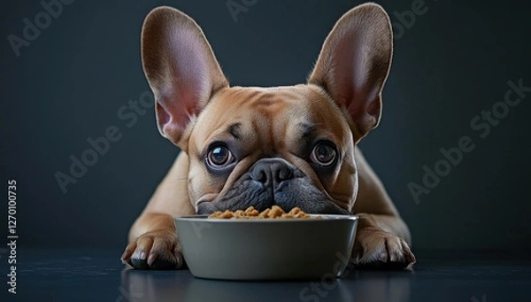 Fototapeta Fawn french bulldog intensely focused on bowl of food with captivating eyes and floppy ears