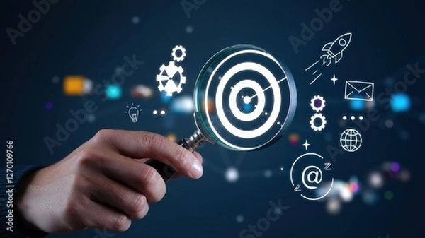 Fototapeta Magnifying glass focuses on target surrounded by business icons