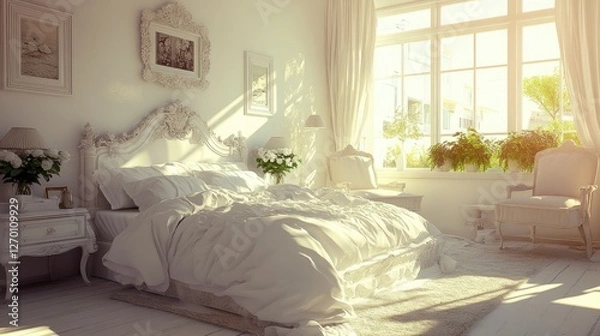 Fototapeta A beautifully arranged bedroom with a warm, intimate atmosphere, rounded furniture, and soft linens