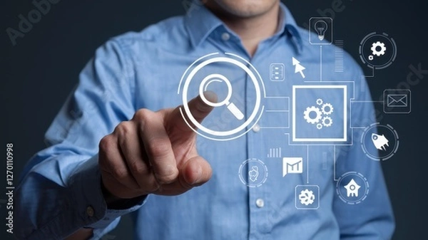 Fototapeta Man interacting with digital interface using touchscreen functionality