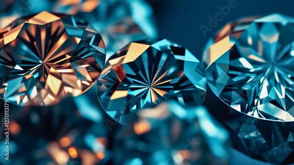 Fototapeta A stunning close-up of beautifully cut gemstones reflecting light, showcasing intricate facets and a mix of cool and warm tones.