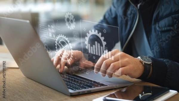 Fototapeta Person using laptop with digital data and gear overlays