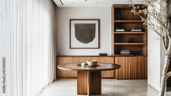 Obraz A modern home with a round dining table, open shelving, and natural elements adding warmth