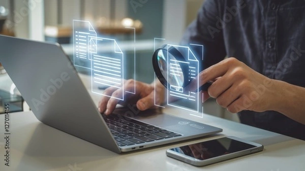 Fototapeta Person using laptop and magnifying glass to review documents