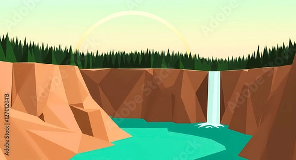 Fototapeta low-poly waterfall cascading into a teal pool surrounded by a lush forest and a pastel rainbow