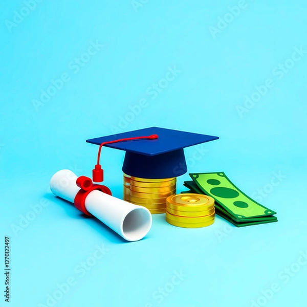 Fototapeta graduation cap diploma and money: symbolizing educational achievement and financial success