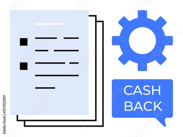 Fototapeta Documents stacked, blue gear indicating process, cashback speech bubble highlighting savings. Ideal for finance, business, workflow, efficiency, rewards savings financial services. Modern design