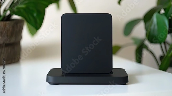 Obraz Black rectangular device on a white table with plants in the background.