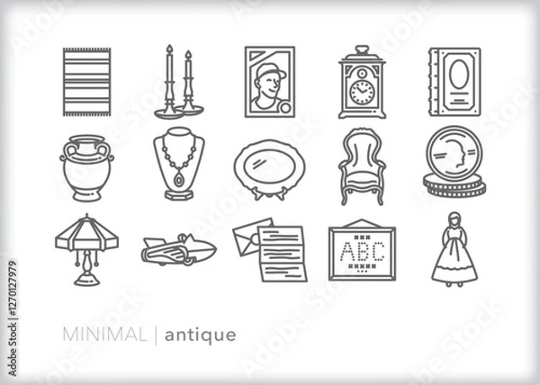 Fototapeta Icon set of categories of common antiques and collectibles including clocks, pottery, furniture, sports memorabilia, jewelry, toys, and antiquities