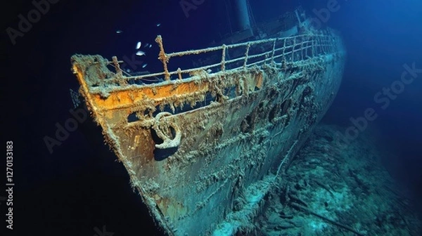 Fototapeta An iconic view of the RMS Titanic's bow, resting at a depth of 3,800 meters in the North Atlantic. The ship, which sank in 1912, is partially buried in sediment, with its railings and anchor chains st
