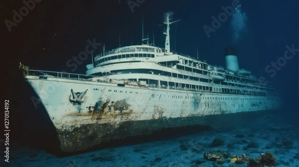 Fototapeta A luxury cruise liner sunk in 1961 after an engine room explosion, now lying at 50 meters depth off the coast of Grenada. Known as the 'Titanic of the Caribbean,' the wreck is one of the largest in th