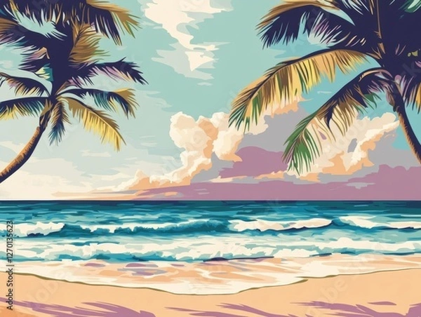 Fototapeta Papecutr art of tropical beach with waves and palm trees.  - ai