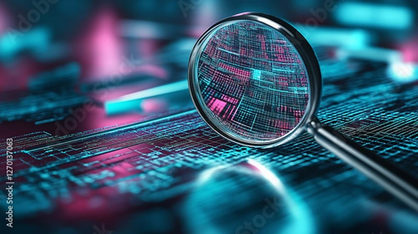 Obraz Magnifying glass exploring abstract digital data stream: cybersecurity and software development concept