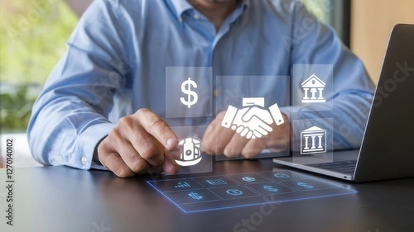Fototapeta Man using futuristic interface to manage finances and investments