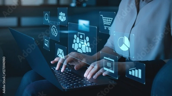 Fototapeta Woman interacting with virtual interface while working on laptop