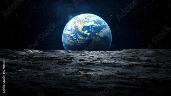 Fototapeta A stunning view of Earth from the moon's surface, highlighting the planet's vibrant colors against a dark, starry backdrop.