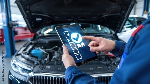 Fototapeta Mechanic using tablet displaying vehicle inspection checklist inside auto shop