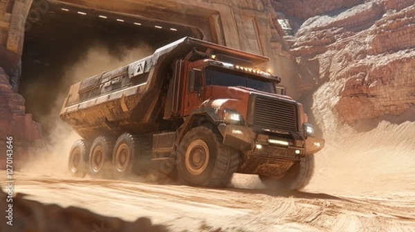 Fototapeta Massive Mining Truck Emerging from Desert Quarry