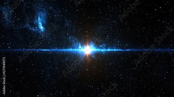 Fototapeta A stunning cosmic scene featuring a bright star emitting rays amidst a backdrop of dark space and distant nebulae.