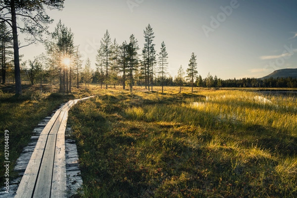 Fototapeta A wooden path meanders through vibrant green grass and tall trees by the lake as the sun sets in Sweden, illuminating the serene landscape. The peaceful atmosphere invites exploration and reflection