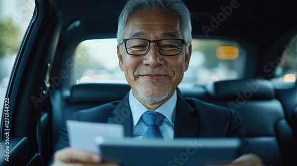 Fototapeta A smiling elderly man in a suit reads documents in the backseat of a car, exuding confidence and satisfaction amidst an urban backdrop.