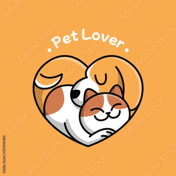 Fototapeta CUTE SLEEPING CAT AND DOG IN HEART SHAPE VECTOR LOGO