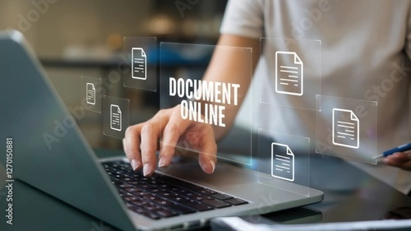 Fototapeta Person working on a laptop with document online visuals