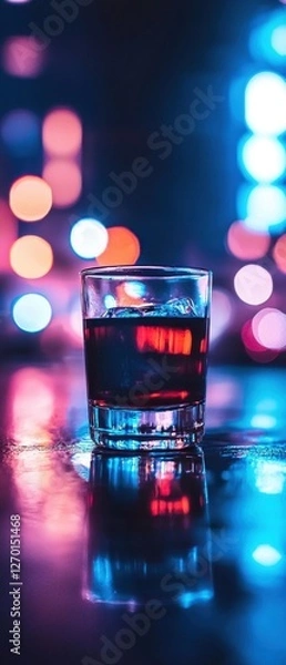 Fototapeta A vibrant glass of drink reflecting colorful lights in a moody, urban setting, creating an inviting atmosphere.