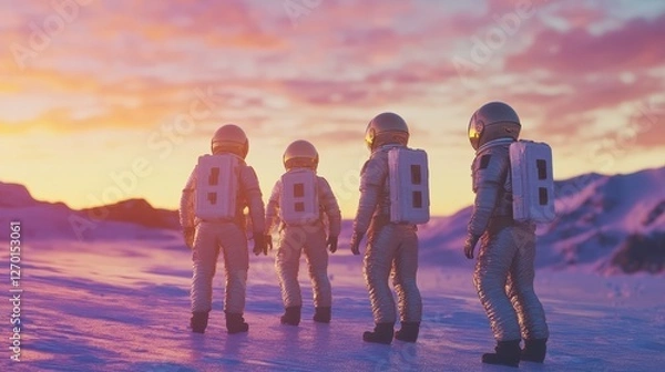 Obraz Astronauts Explore an Alien Planet at Sunset