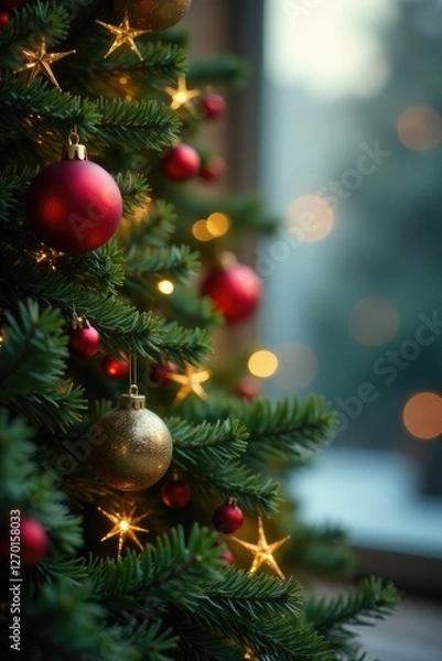 Fototapeta Evergreen Branches Adorned with Garlands and Ornaments, soft glow, greenery