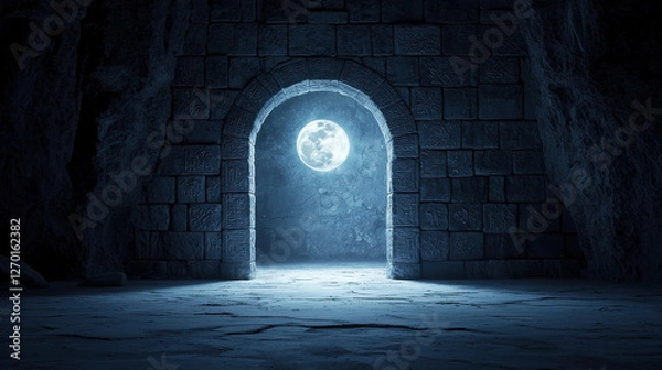 Fototapeta Snow Moon Concept, Ancient stone archway illuminated by full moon, creating mystical atmosphere