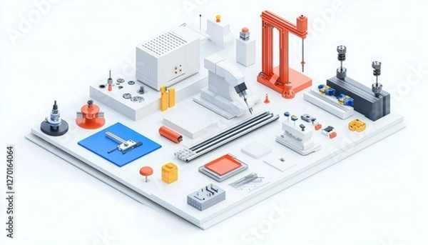 Fototapeta A vibrant, modern workspace featuring various tools, machinery, and equipment arranged on a clean surface, ideal for industrial design or engineering.