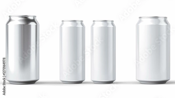 Obraz Three Aluminum Beverage Cans of Varying Sizes on White Background Mockup for Branding and Design