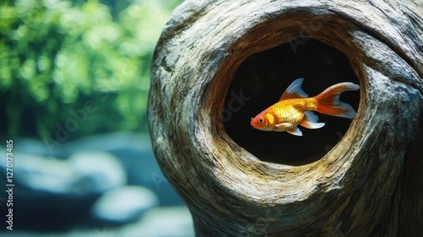 Fototapeta Goldfish Swimming Inside a Hollow Log