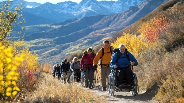 Obraz Inclusive Hiking Group Autumn Mountain Trail